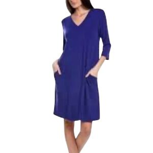Eileen Fisher Purple Tencel V-Neck A-Line Knee Length Tunic  Dress With Pockets